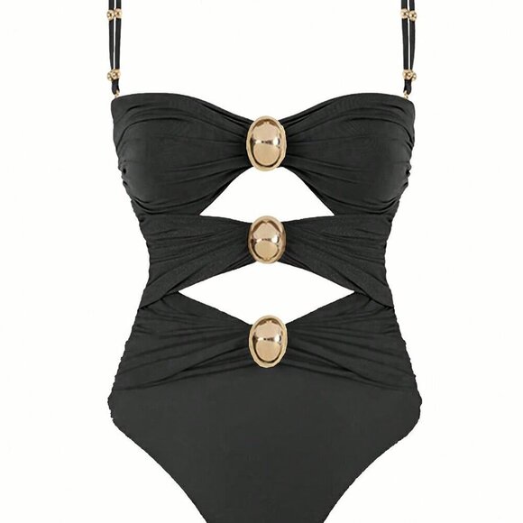 Black Sexy Women's Colorblock Hollow Out One Piece Swimsuit - Picture 1 of 5
